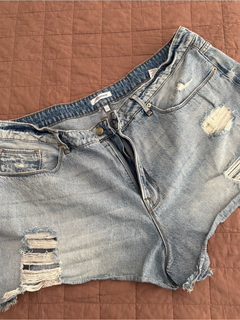 Good American Light Wash Denim Shorts with Frayed Detail